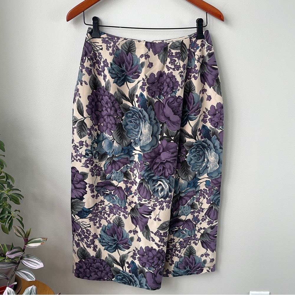 Vintage Nora Noh Purple Floral 100% Silk Midi Skirt